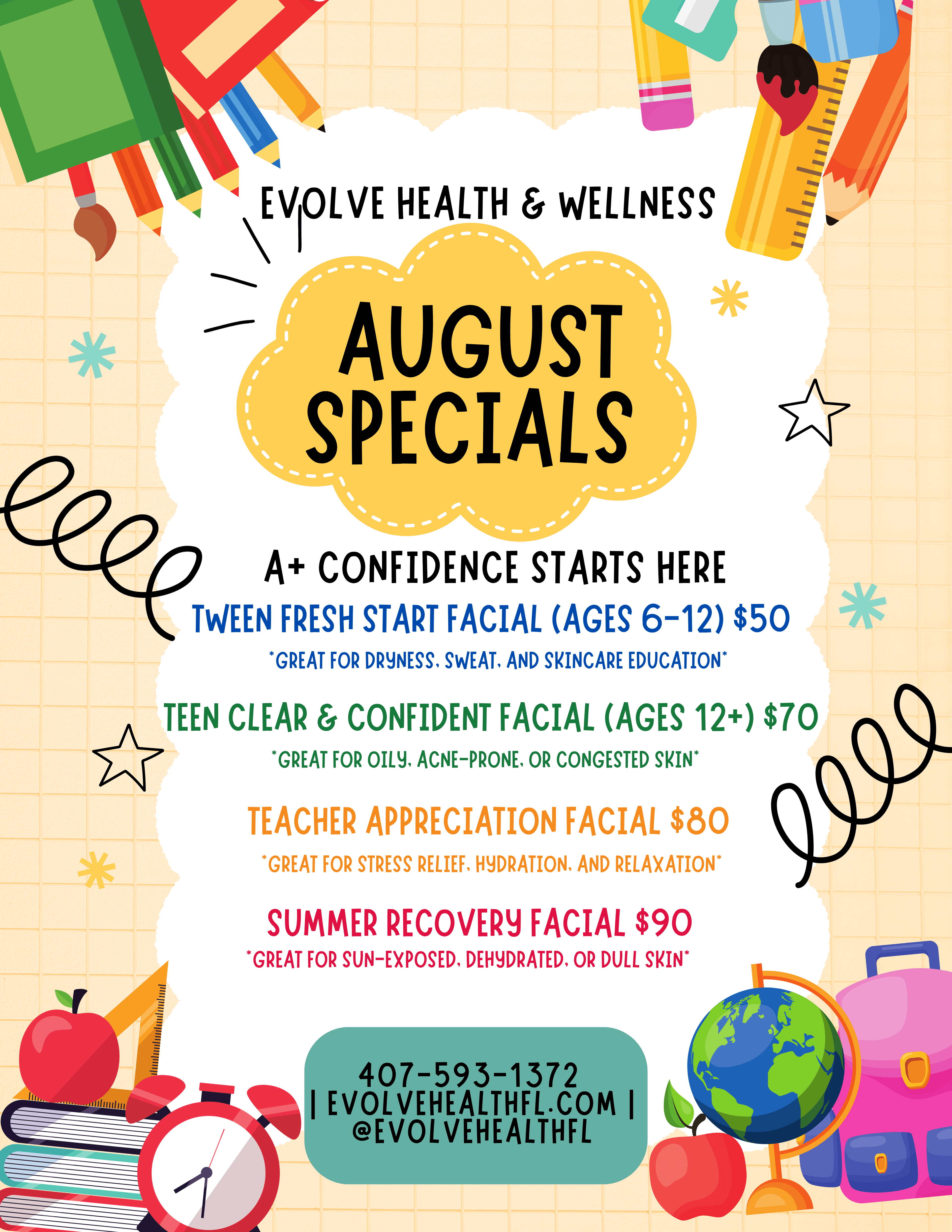 August specials at Evolve Health & Wellness: discounted facial specials!